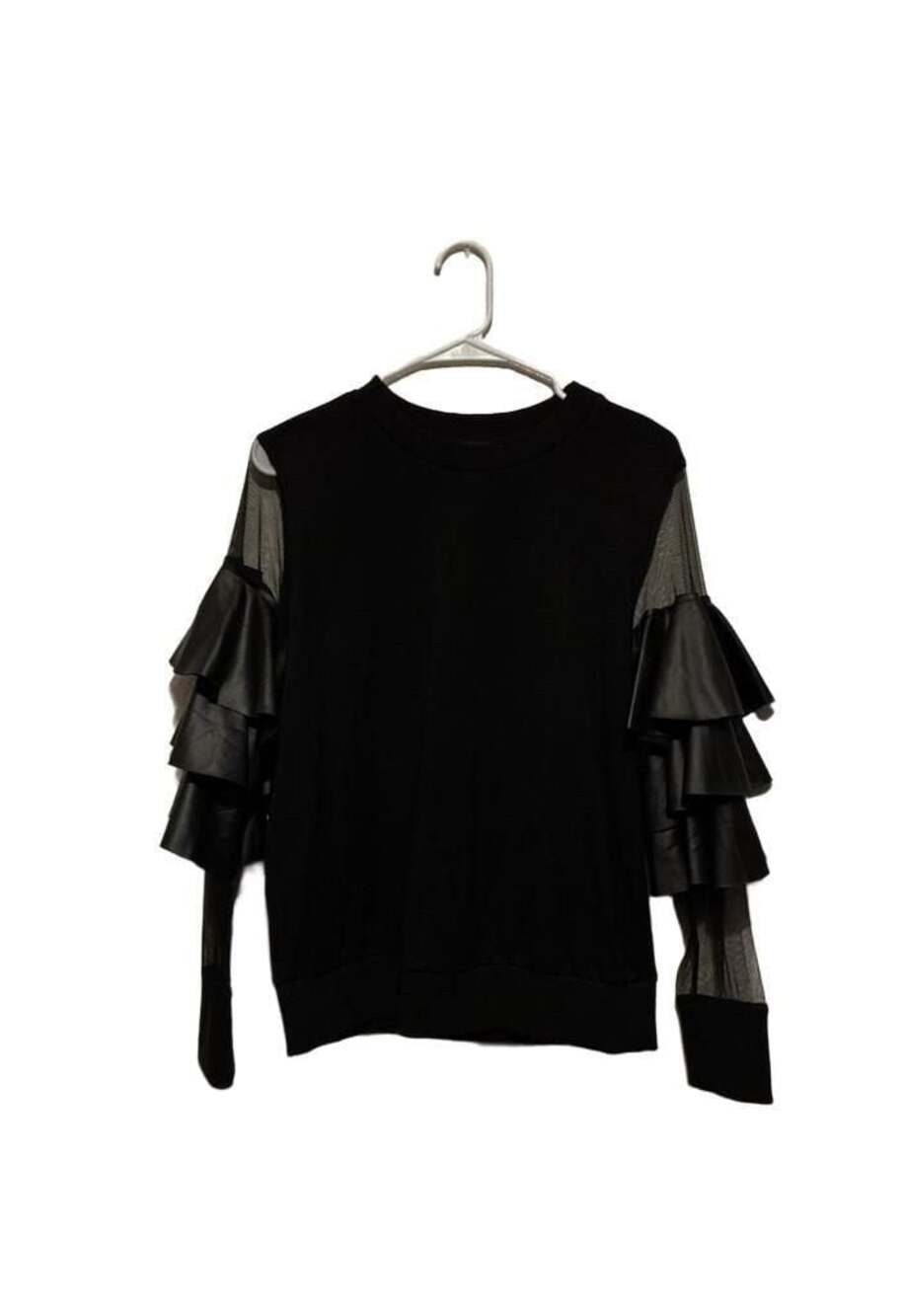 CQbyCQ Black Pullover Top with Sheer Mesh and Ruffled Faux Leather Sleeves
